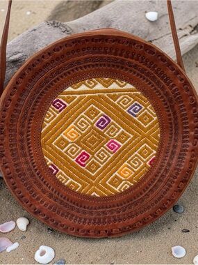 Round Leather Crossbody with Mustard Embroidered Center